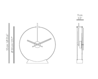 Design table clock - Bexley: A minimal, open-frame analog clock with a 50 cm face, 55 cm height including mounting rod, and 9 cm depth, showcasing sleek, contemporary style.