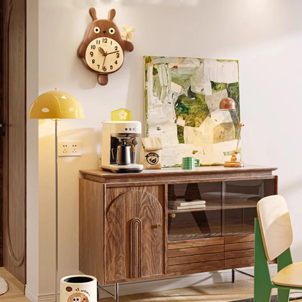 Small decorative wall clock - Veynor, shaped like a whimsical bunny holding a flower, mounted above a cozy coffee station, adding charm and natural beauty to the warm, mid-century space.