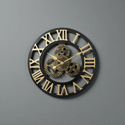 Large metal wall clock - Chronis features a black metal frame with gold Roman numerals, central interlocking gears, and brass clock hands, embodying a steampunk aesthetic ideal for contemporary interiors.