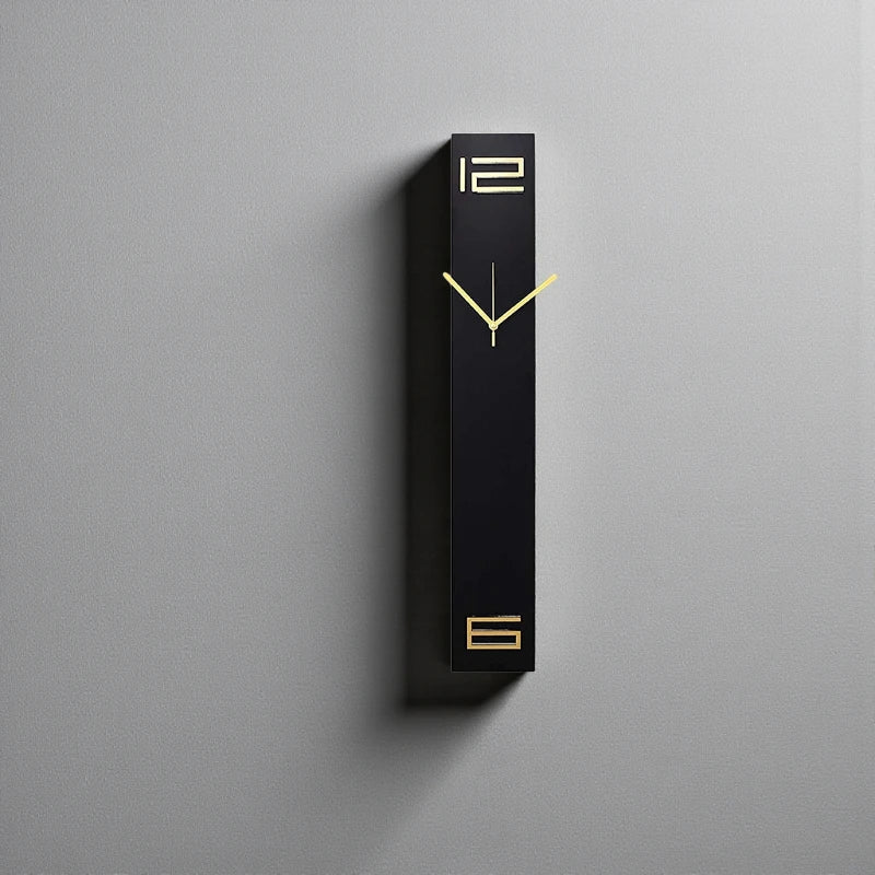 Modern long wall clocks - Rowell: A minimalist black rectangular clock with gold hands and numerals, mounted on a light-gray wall, blending functionality with art. Perfectly silent, it's a sleek addition to any space.