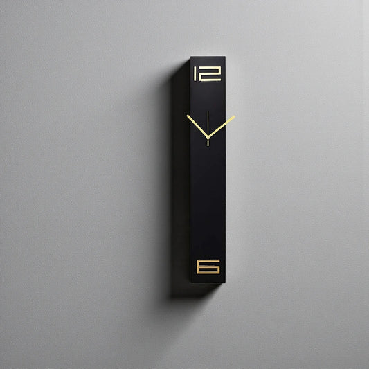 Modern long wall clocks - Rowell: A minimalist black rectangular clock with gold hands and numerals, mounted on a light-gray wall, blending functionality with art. Perfectly silent, it's a sleek addition to any space.