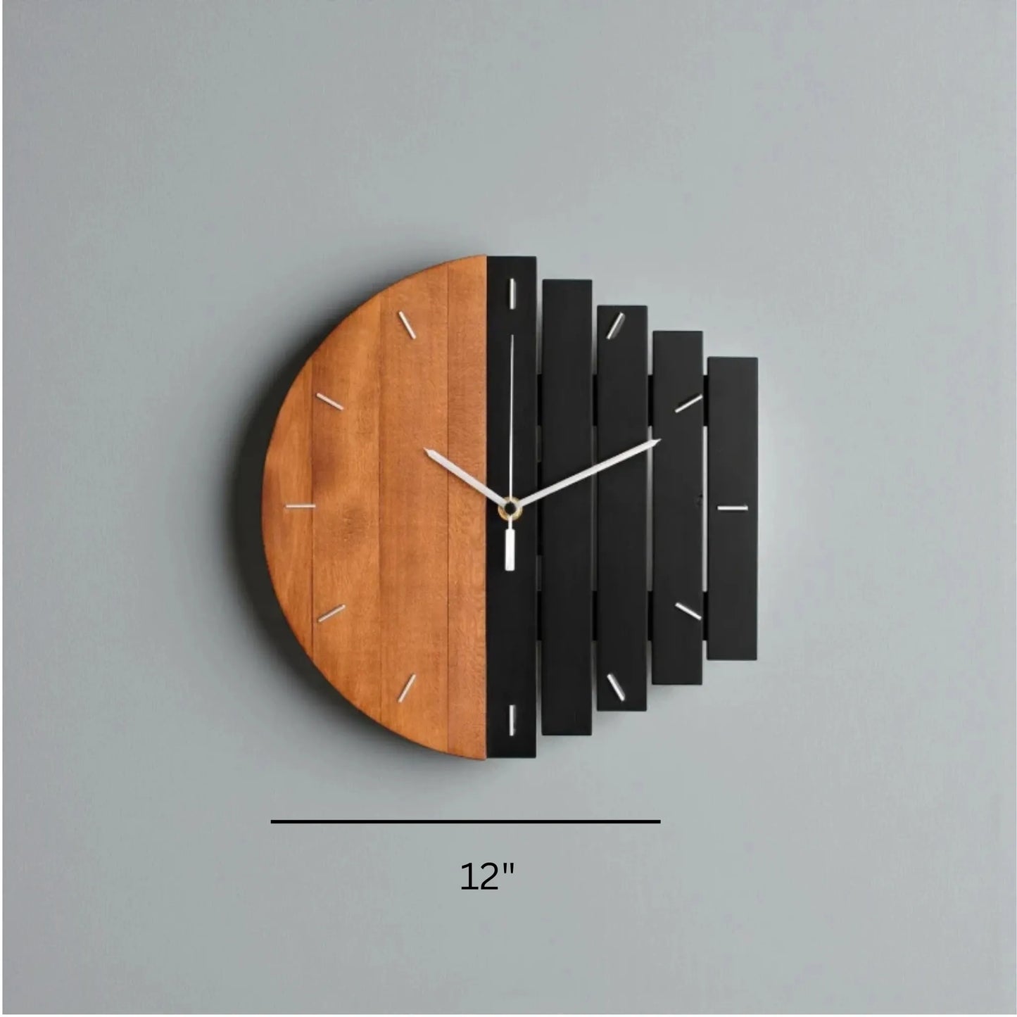 Modern wood wall clock - Clevor featuring a unique half-wood, half-slatted design with white hour markers and slim hands, perfect for enhancing large spaces with its handcrafted European linden wood build.