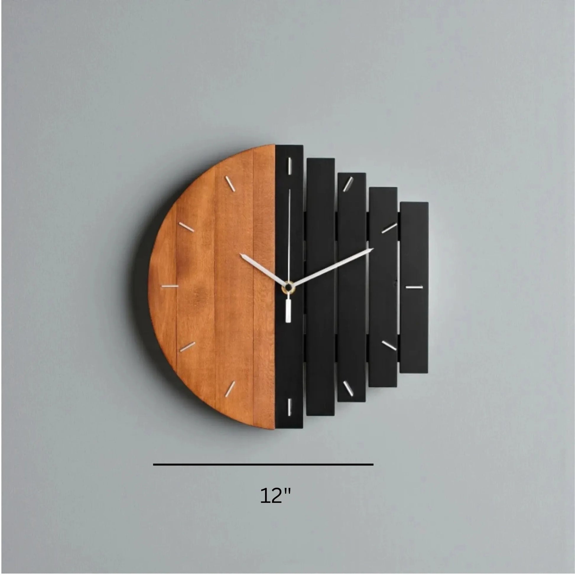 Modern wood wall clock - Clevor featuring a unique half-wood, half-slatted design with white hour markers and slim hands, perfect for enhancing large spaces with its handcrafted European linden wood build.