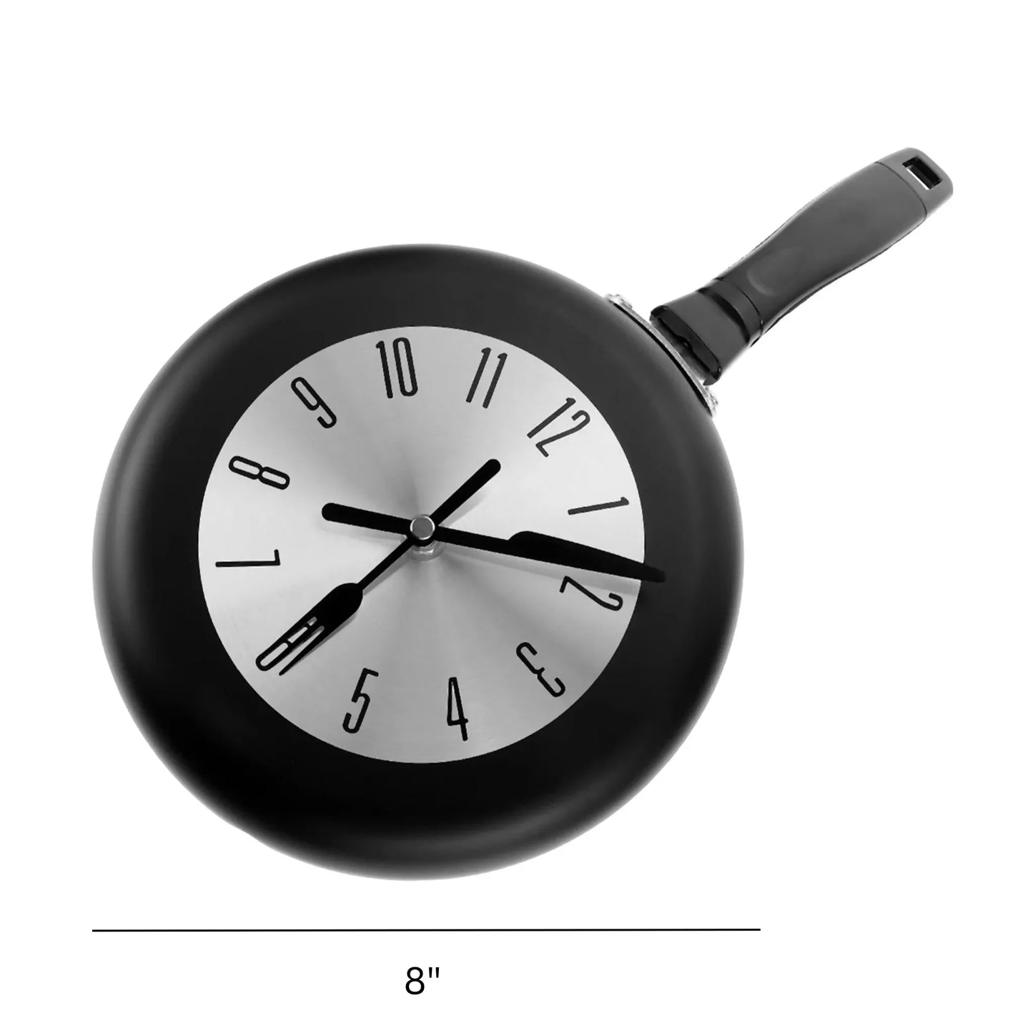 Frying Pan Wall Clock - Ashford: A novelty wall clock resembling an 8 frying pan with a clock face and utensil-shaped hands, adding culinary charm to any food lover's kitchen decor.