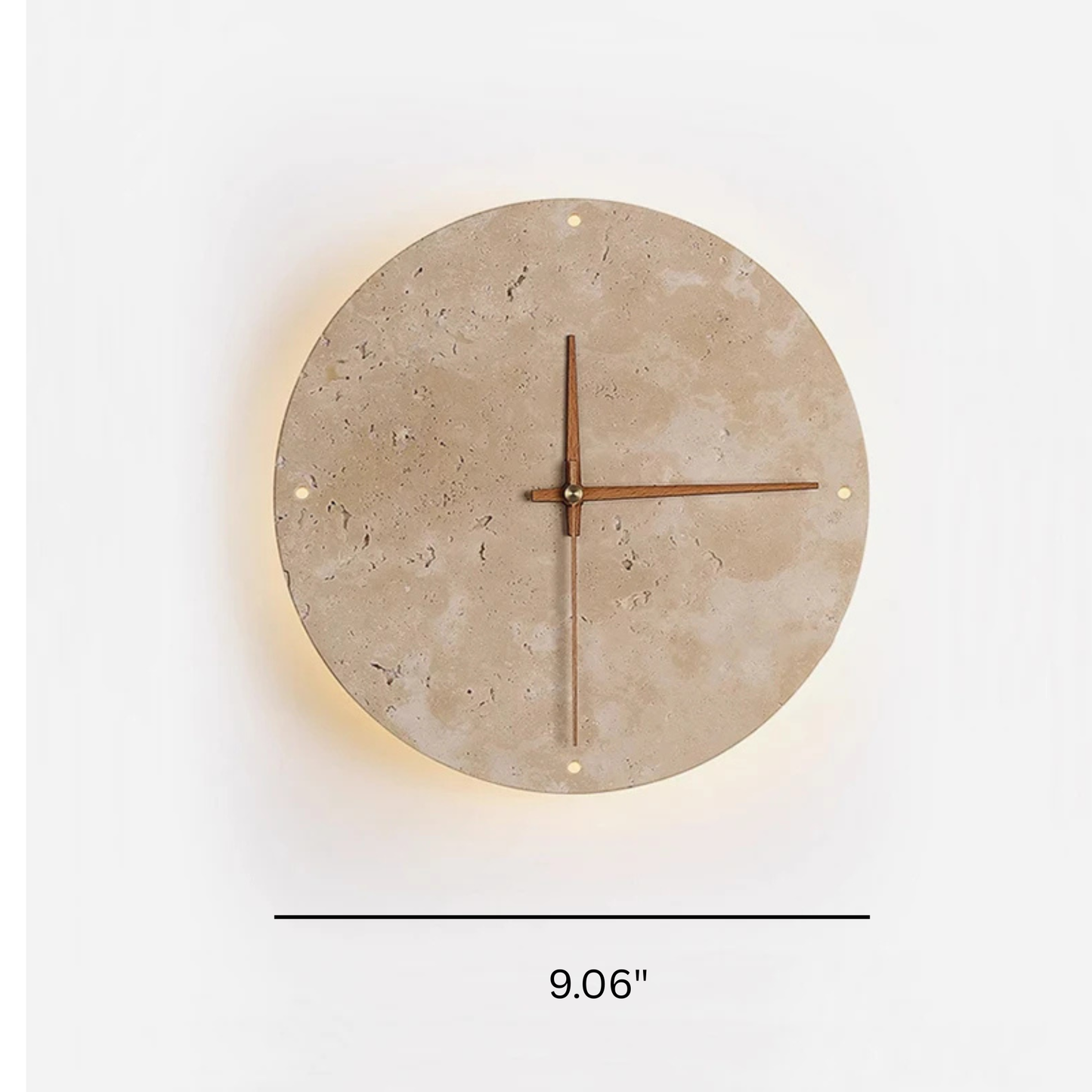 Modern wall clock for living room - Torwyn: 9-inch travertine disc with minimalist design, wooden hands, four metal dots for key hours, and a warm LED halo, showcasing unique natural textures.