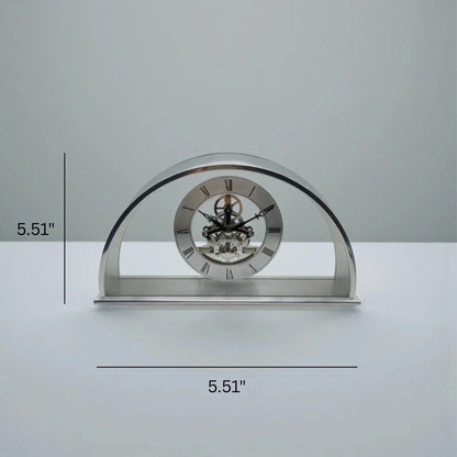 Crystal table clock - Cranley, an elegant arch-shaped piece displaying intricate chrome gears through a Roman numeral dial, complemented by a rich cherry wood finish, ideal for special occasions.