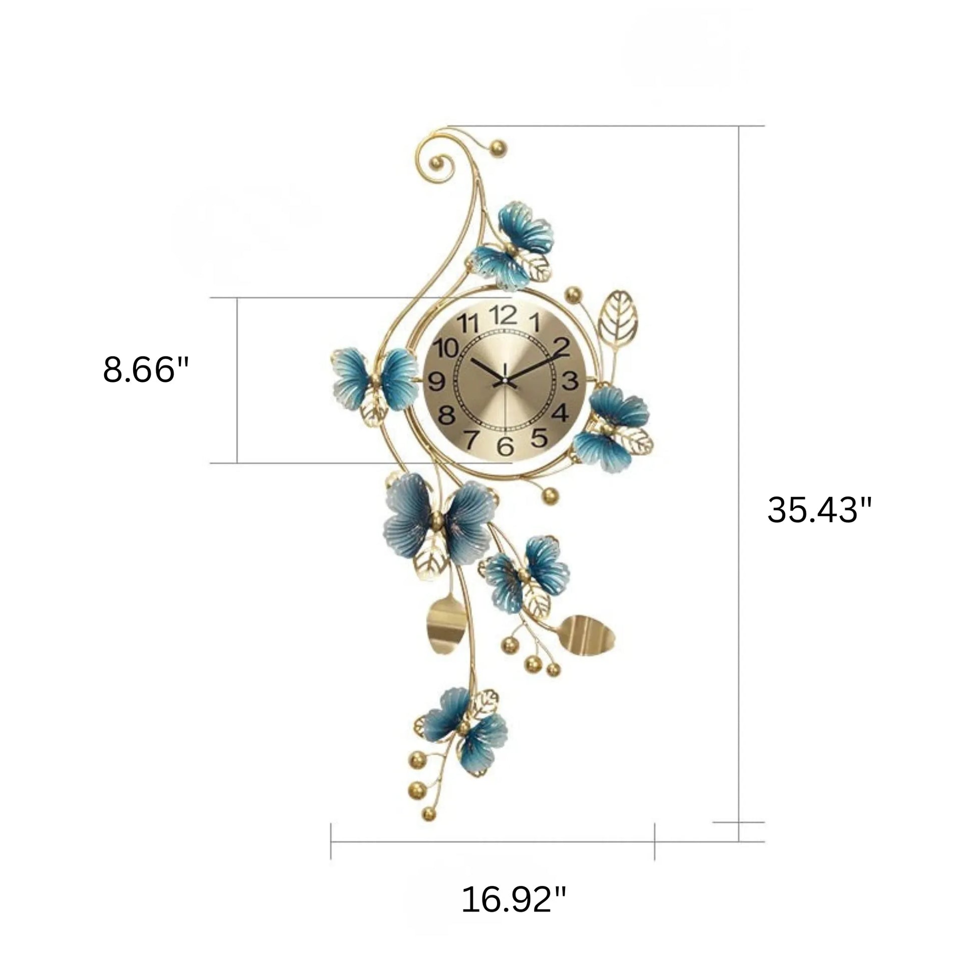 Hanging Wall Clock - Elmsford features a gold-tone metal frame adorned with butterfly accents, stylized leaves, and berry clusters. This artistic piece offers a unique, contemporary touch to any room.
