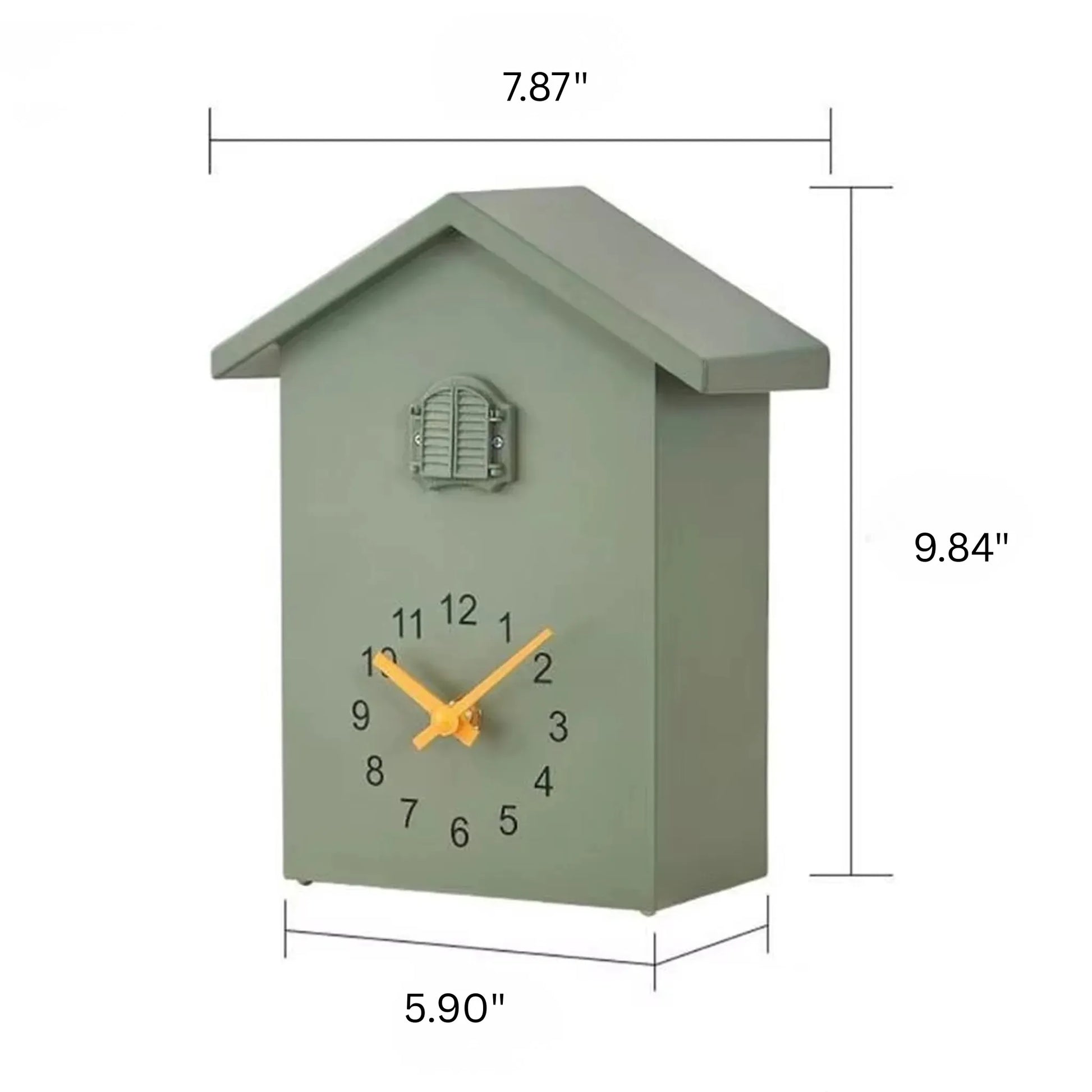 Wooden Cuckoo Clock - Brivon: A modern, house-shaped analog clock with a muted green finish, featuring yellow hands, a black-numbered dial, and a charming bird pendulum. Ideal for contemporary home decor.
