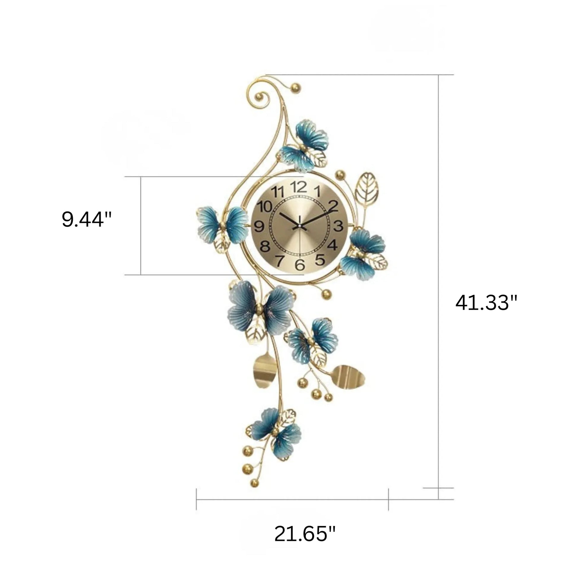 Hanging Wall Clock - Elmsford features a gold-tone metal frame with twisting vines and leaves, accented by blue butterflies and flowers, surrounding a champagne-gold dial with black numerals.