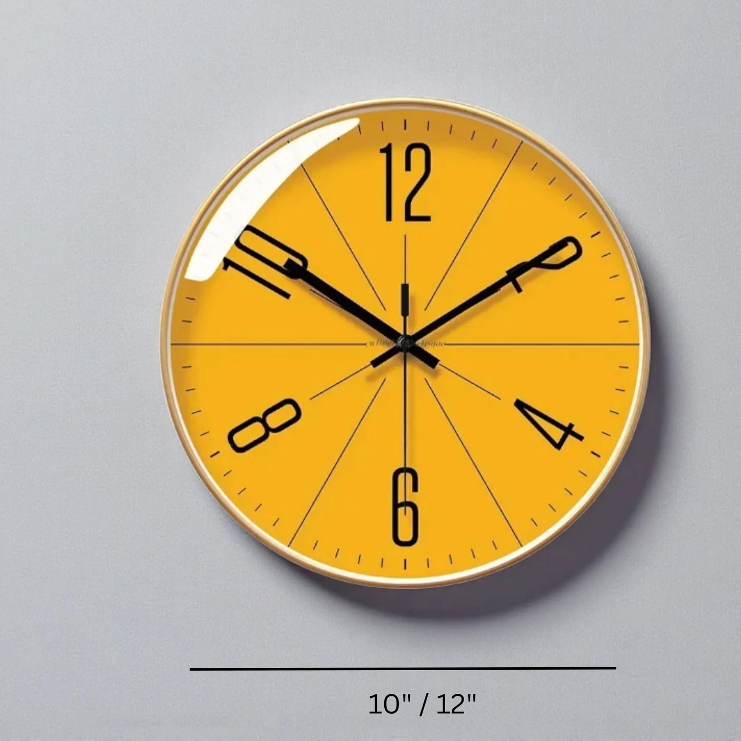 Nordic wall clock - Branley features a bright yellow face, black hands, and slanted numerals in a minimalist design, available in 10 or 12 diameters, perfect for modern decor.