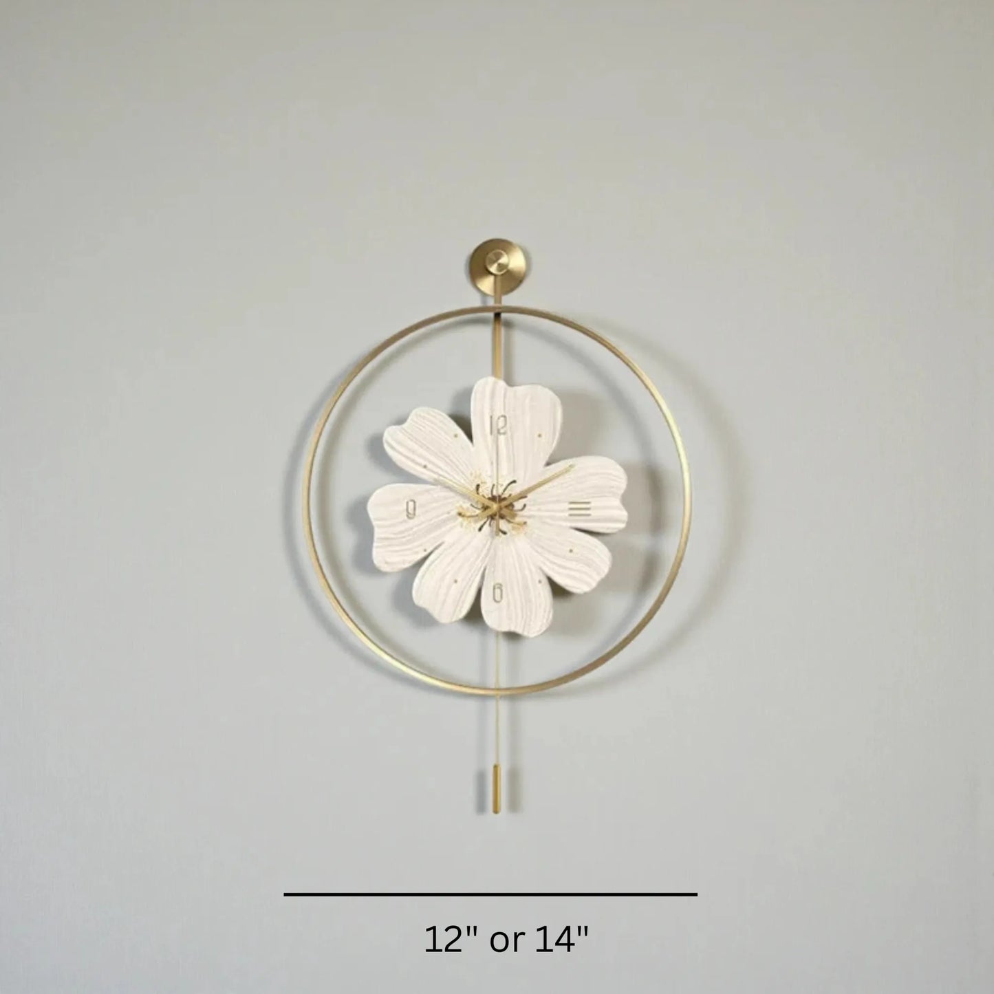 Flower wall clock - Fenton: A gold-framed wall clock with a six-petal flower face and slim pendulum, available in 12″ or 14″. Perfect for adding springtime charm to your decor.
