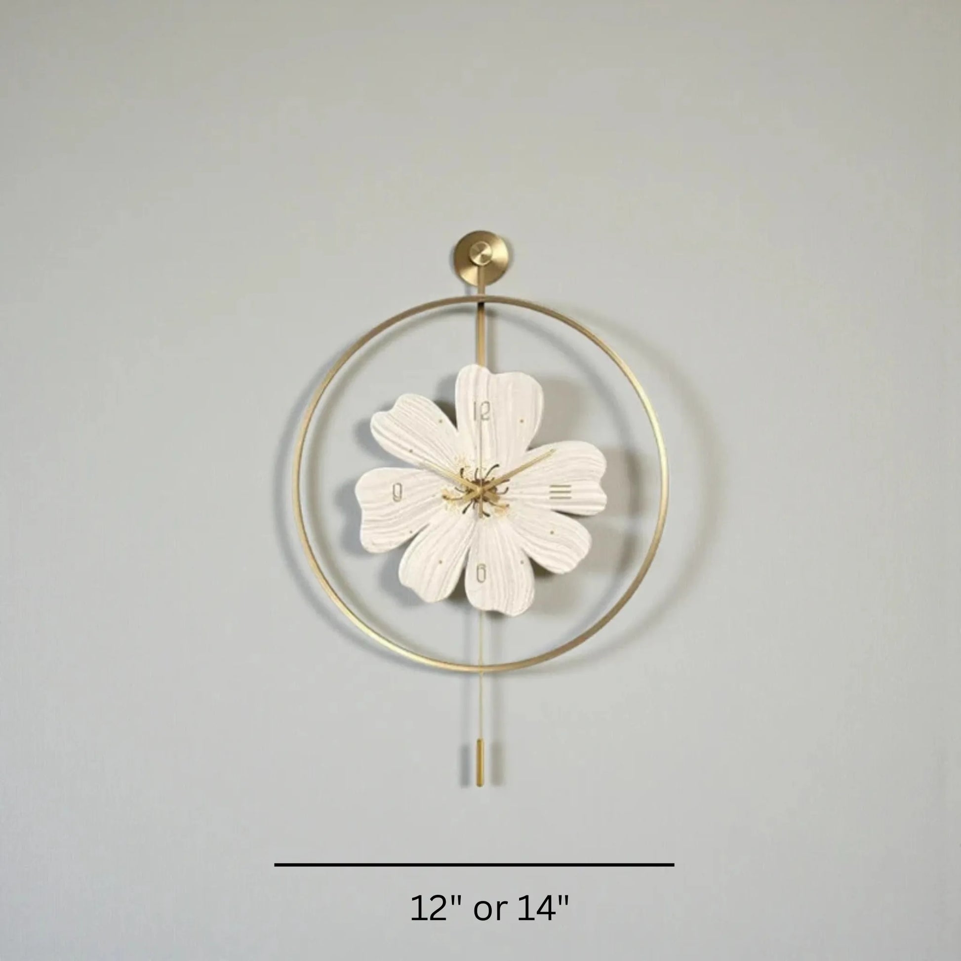 Flower wall clock - Fenton: A gold-framed wall clock with a six-petal flower face and slim pendulum, available in 12″ or 14″. Perfect for adding springtime charm to your decor.