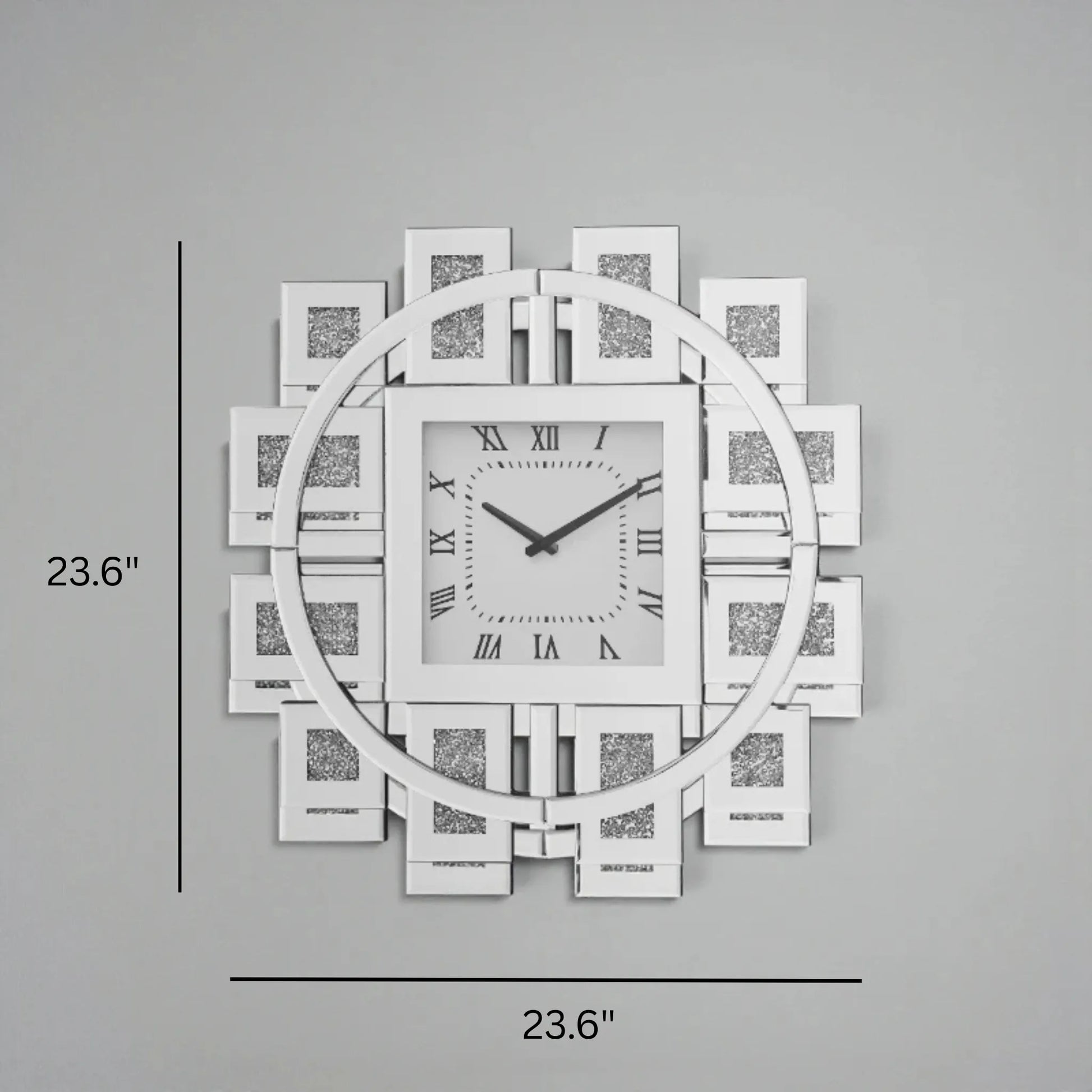 Decorative mirror wall clock - Stratton features a central square face with Roman numerals, surrounded by a circular ring and mirrored, glittered geometric tiles, embodying modern elegance.