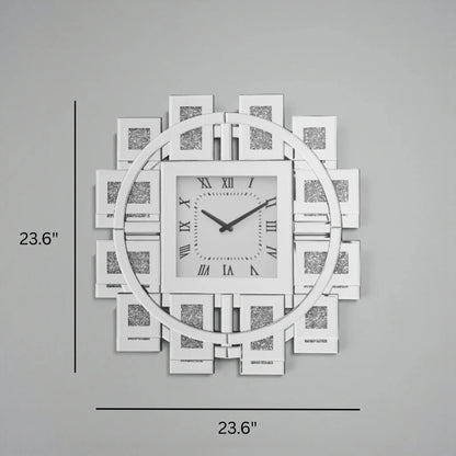 Decorative mirror wall clock - Stratton features a central square face with Roman numerals, surrounded by a circular ring and mirrored, glittered geometric tiles, embodying modern elegance.