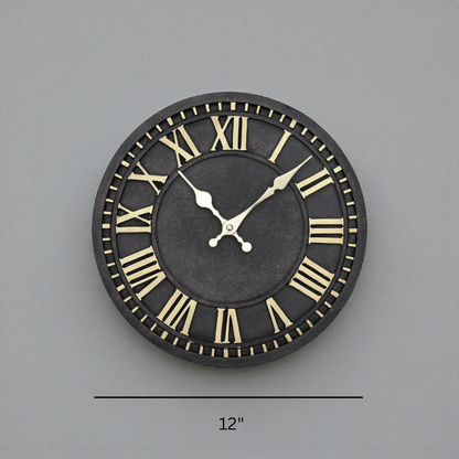 Bronze outdoor wall clock - Geneva, featuring a dark distressed face with cut-out Roman numerals and light metallic hands, exemplifies timeless elegance, ideal for enhancing both indoor and outdoor spaces.