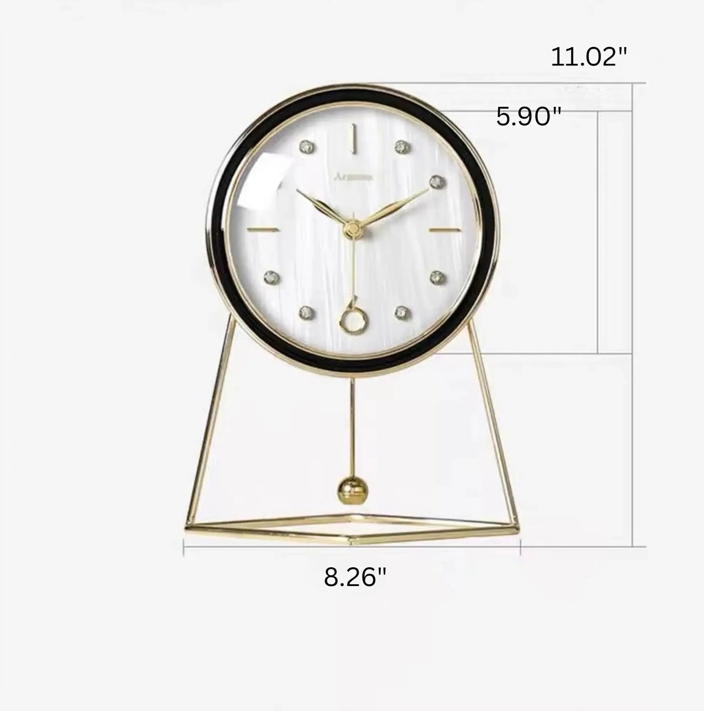 Pendulum Table Clock - Dralen features a round face with gold accents in a gold-tone frame and triangular base, enhanced by a swinging pendulum, ideal for elegant mantel or desk display.