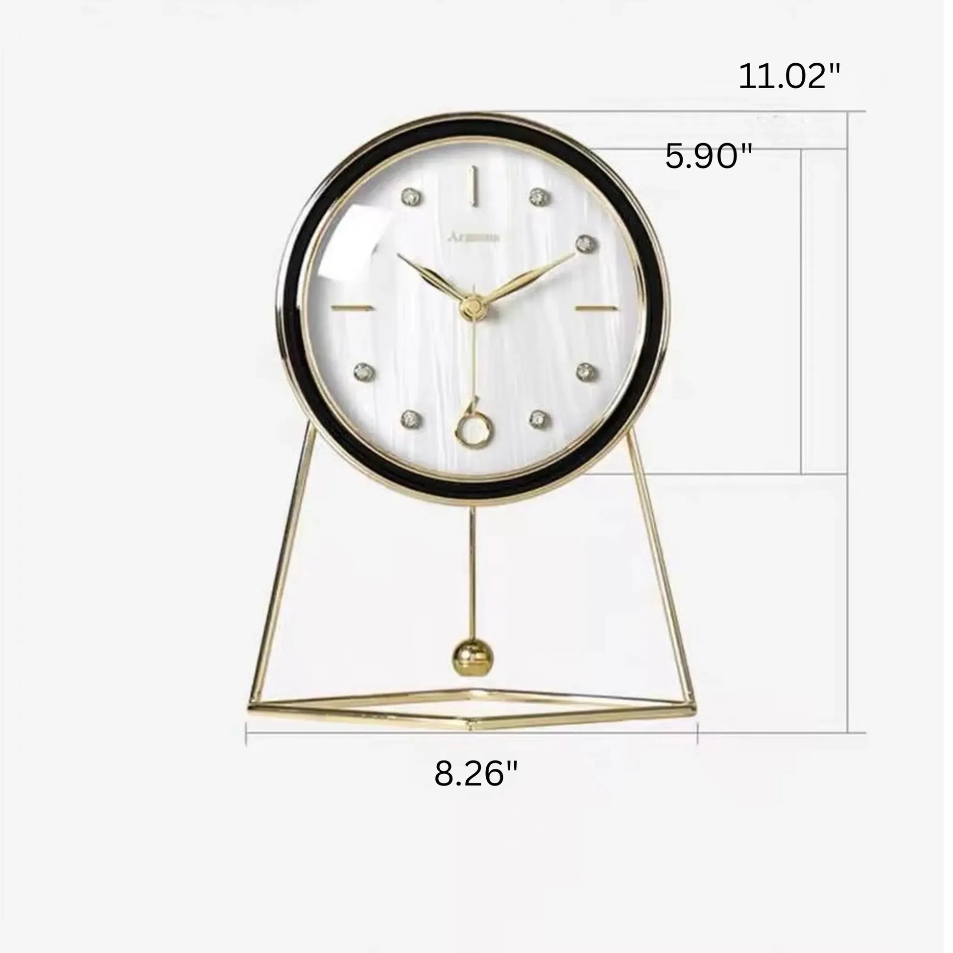 Pendulum Table Clock - Dralen features a round face with gold accents in a gold-tone frame and triangular base, enhanced by a swinging pendulum, ideal for elegant mantel or desk display.