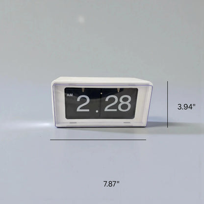 Vintage flip clock - TimeFlip in white plastic housing with a clear window displaying AM 2.28 on black-and-white flipping cards, measuring approximately 7.87″ by 3.94″.