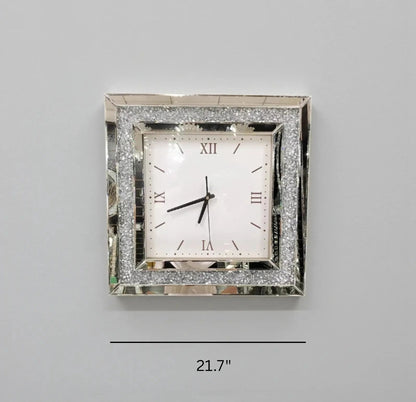 Fancy wall clock - Norwyn, featuring a mirrored frame with glitter inlays, Roman numerals, and black hands, measuring 21.7 inches wide. A striking focal point for any room.
