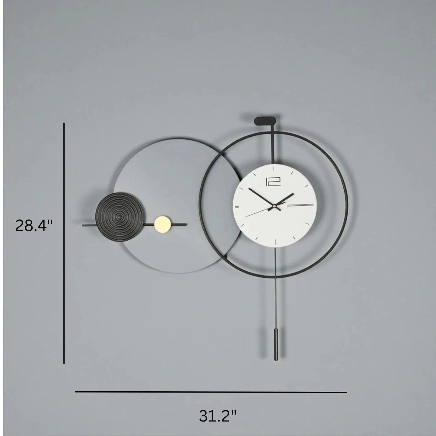 Big Wall Clock Modern - Darrington: A sleek, oversized clock featuring a black metal ring, minimalist white face, coiled element, and pendulum weights, perfect for contemporary spaces.