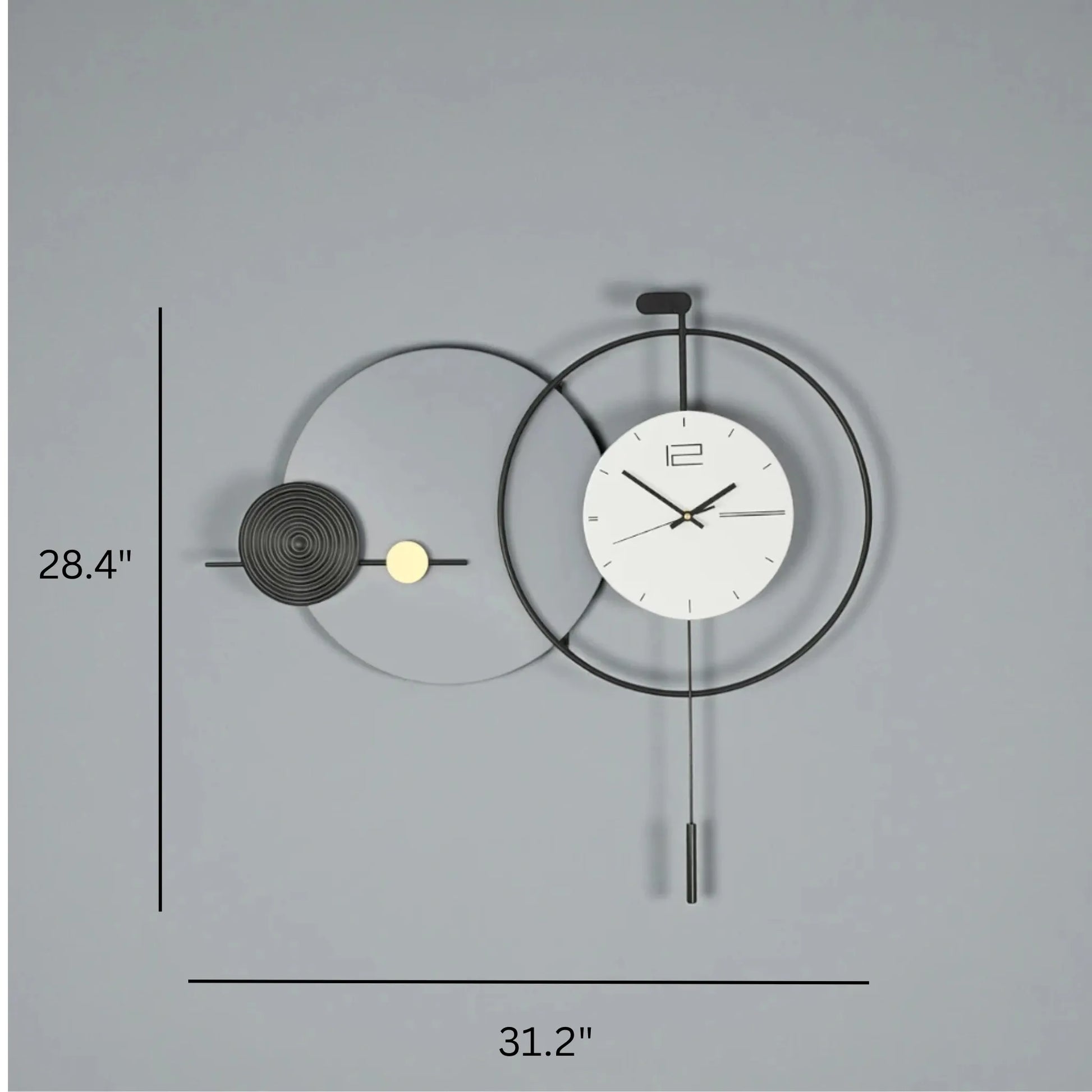 Big Wall Clock Modern - Darrington: A sleek, oversized clock featuring a black metal ring, minimalist white face, coiled element, and pendulum weights, perfect for contemporary spaces.
