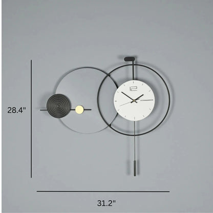 Big Wall Clock Modern - Darrington: A sleek, oversized clock featuring a black metal ring, minimalist white face, coiled element, and pendulum weights, perfect for contemporary spaces.