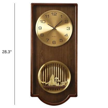 Wood Analog Wall Clock - Eastley featuring a 28″ tall rectangular wooden case with a brass clock face and a decorative lower section showcasing a stylized landscape behind vertical slats.