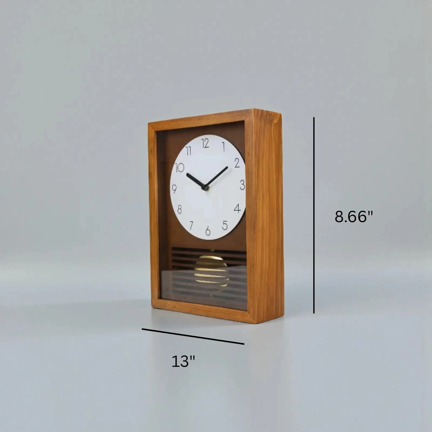 Japanese Wall Clock - Lexton: A wooden-cased analog clock with a white dial, black hands, and Arabic numerals. Features a louvered panel and visible brass pendulum, measuring 13 wide and 8.66 tall.