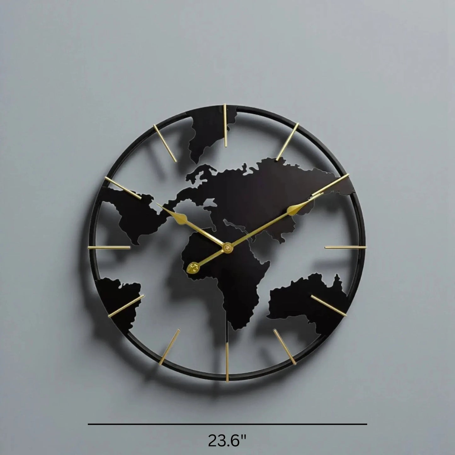 World Map Wall Clock - Claverton features a silhouette cut-out of continents on a circular frame, gold hands, and markers, measuring 23.6 inches, ideal for stylish home or office decor.