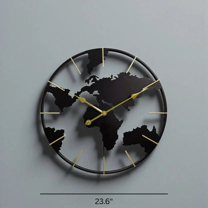 World Map Wall Clock - Claverton features a silhouette cut-out of continents on a circular frame, gold hands, and markers, measuring 23.6 inches, ideal for stylish home or office decor.