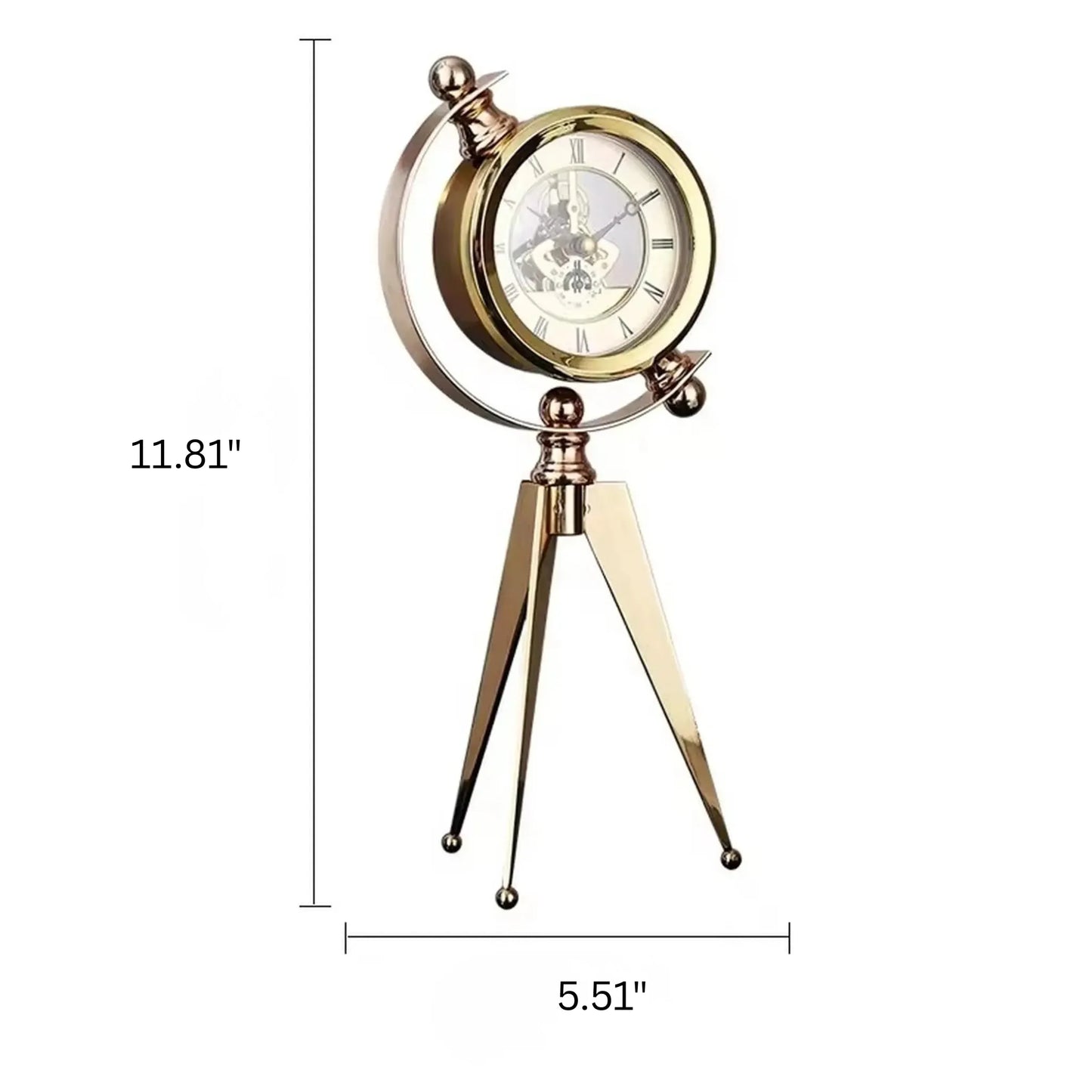 Vintage Table Clock - Gorven: A gold-tone tabletop clock with a skeleton face, black Roman numerals, and half-hoop mount on a tripod stand, offering vintage charm and functional elegance.