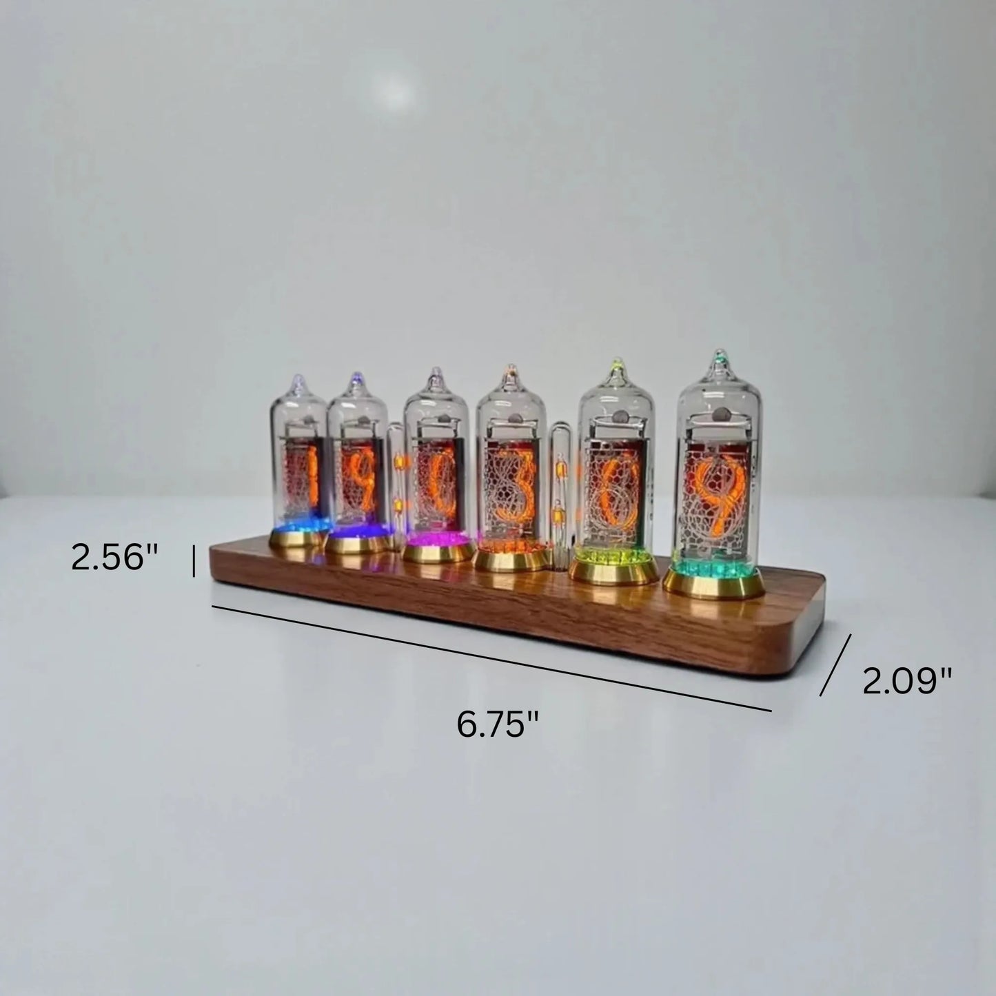 Nixie tube clock - Hartley: A vintage-inspired clock with six glowing orange numeral tubes on a walnut base, featuring colored LED accents, showcasing the time 19:08:36. A blend of retro technology and modern design.