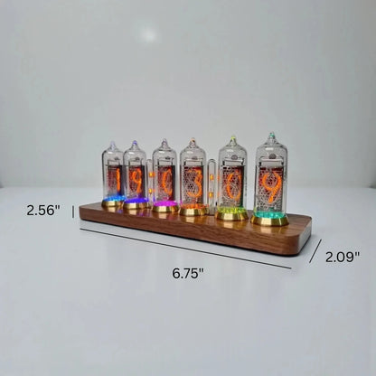 Nixie tube clock - Hartley: A vintage-inspired clock with six glowing orange numeral tubes on a walnut base, featuring colored LED accents, showcasing the time 19:08:36. A blend of retro technology and modern design.
