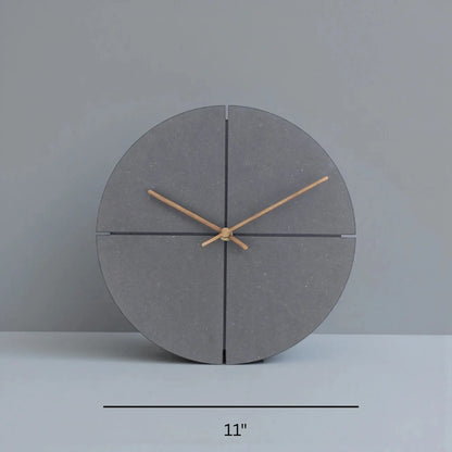 Deep Black Wall Clock Modern - Grenton: An 11-inch dark gray circular tabletop clock with wooden hands and quadrant grooves, offering a sleek, minimalist design that blends modern sophistication with a warm wood contrast.