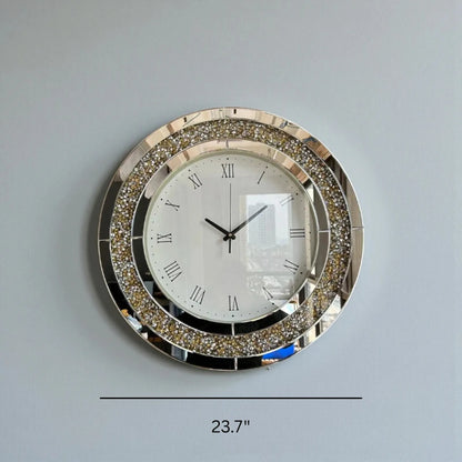 Fancy wall clock - Norwyn: A large, round wall clock featuring a white face with Roman numerals, black hands, and a two-tiered mirrored frame inlaid with sparkling accents.