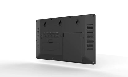 Back view of the Atomic Wall Clock - Harven, featuring key-hole slots, vent grills, a battery compartment, service panel, and labeled push-buttons, highlighting its precision and functionality for accurate timekeeping.