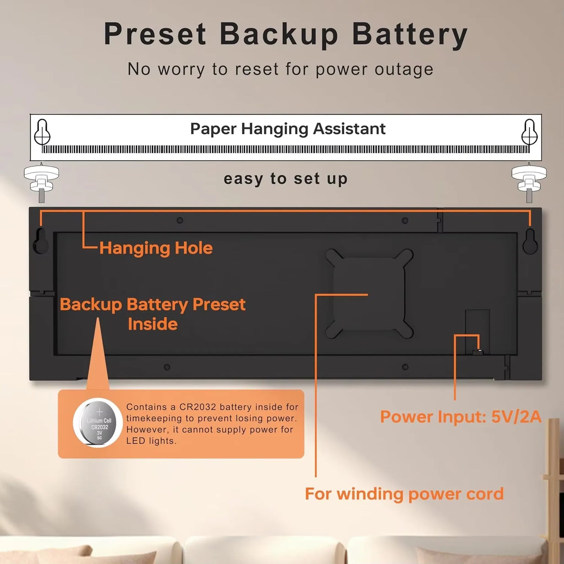 Back view diagram of the Large Digital Wall Clock - Eldon, highlighting setup features like a paper hanging assistant, key-hole slots, backup battery, power input, and cord storage.