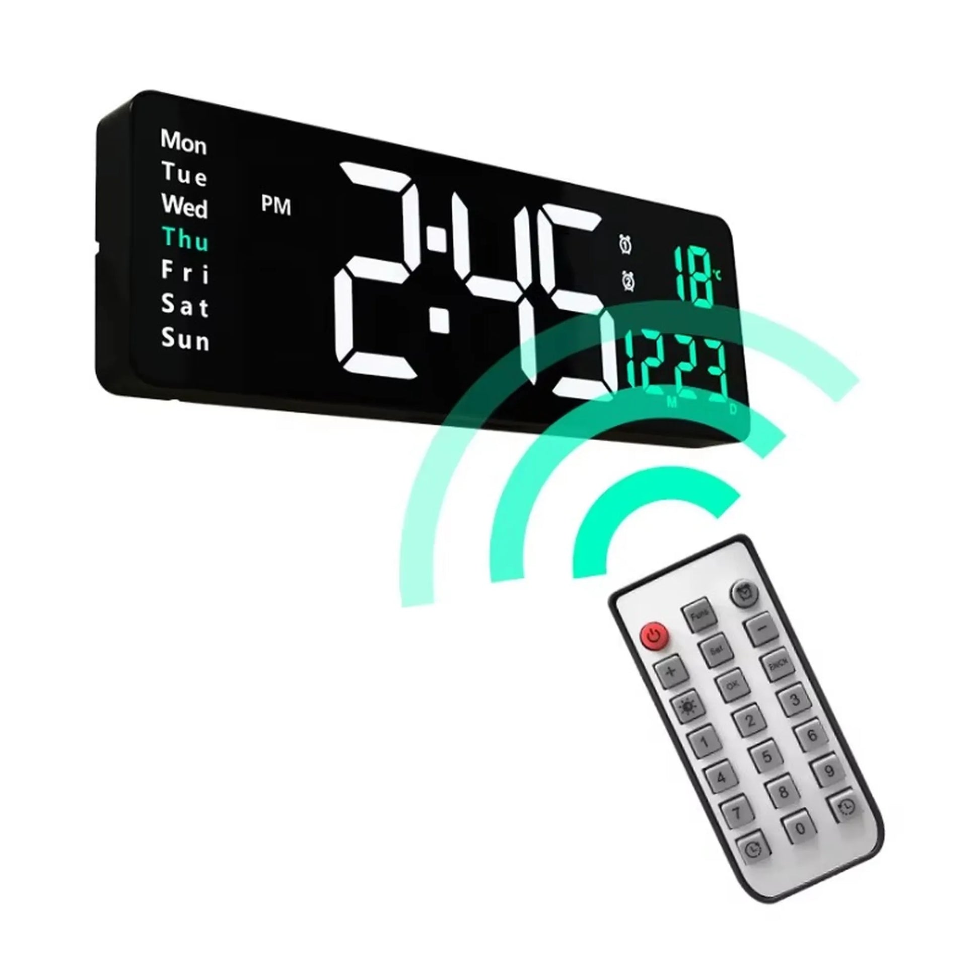 Large digital wall clock - Eldon, featuring an oversized LED display for time, day, temperature, and date, includes an infrared remote for easy adjustments, ideal for expansive spaces.