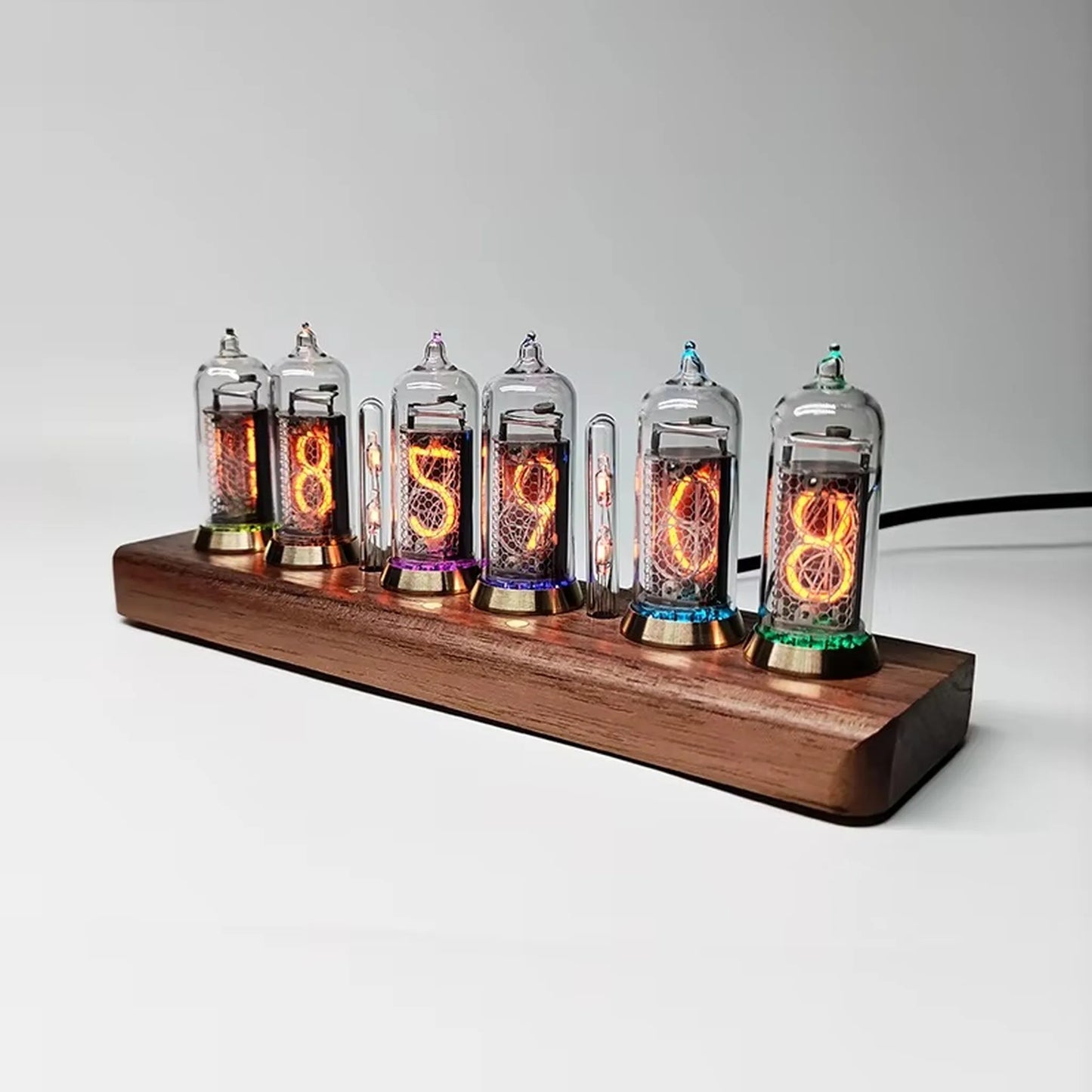 Nixie tube clock - Hartley: Six glowing vintage-style tubes on a wooden base display time, each with colored LED accents beneath, merging Soviet-era technology with modern design for a captivating timepiece.