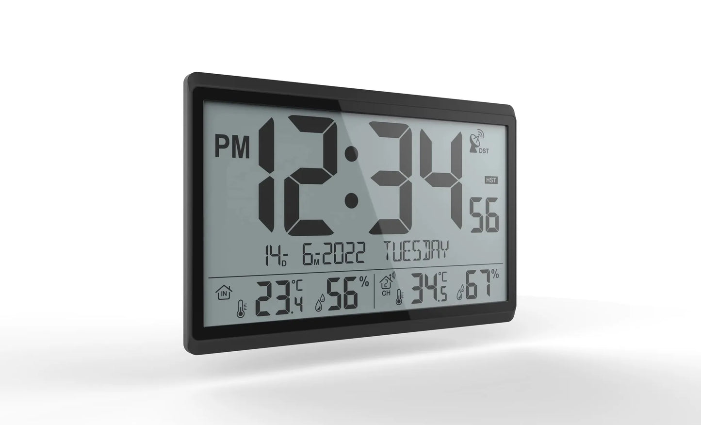 Atomic wall clock - Harven: A versatile digital display showing time, date, indoor/outdoor temperature, and humidity. Features DST indicator, syncs with atomic clock, ideal for precise timekeeping.