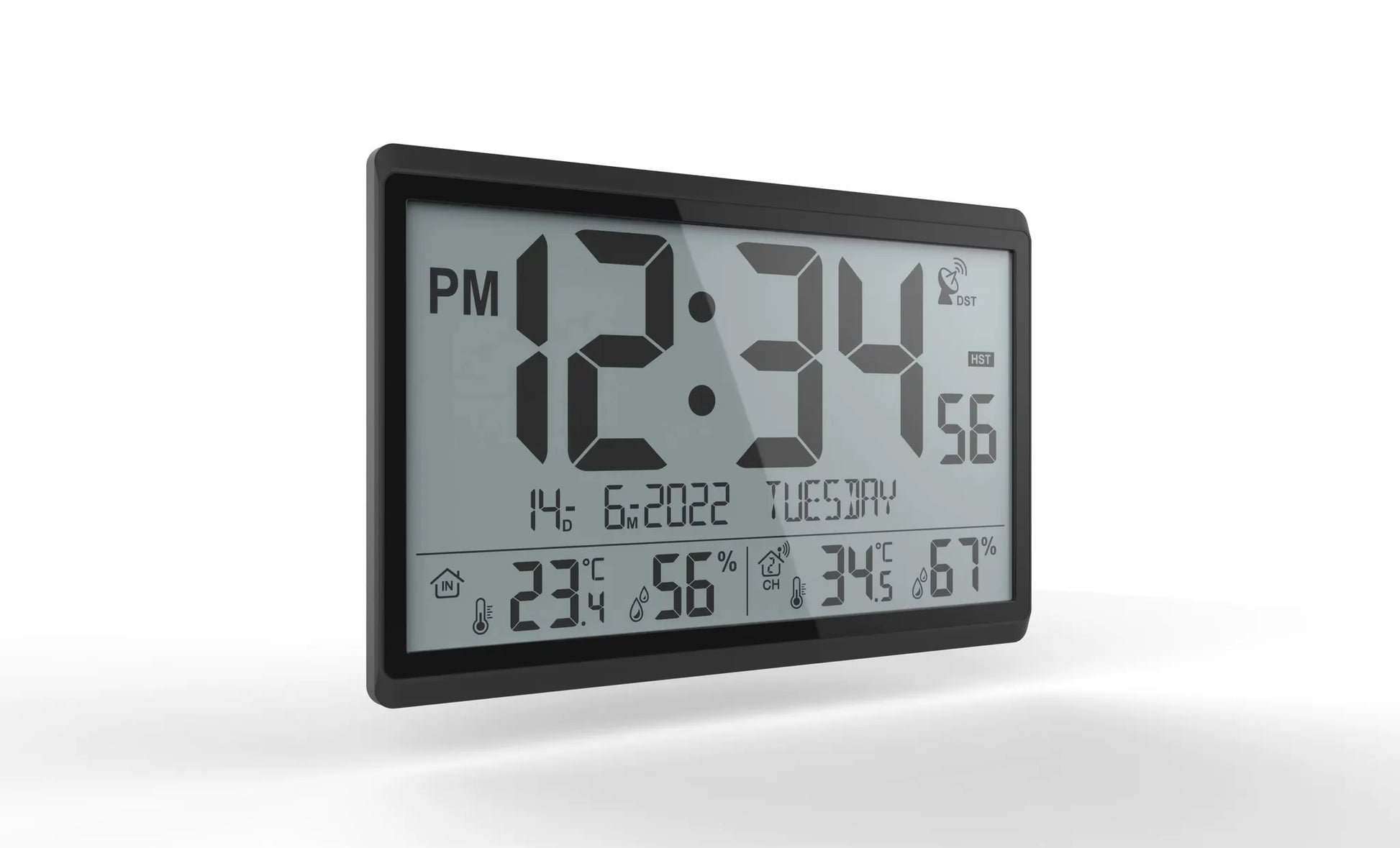 Atomic wall clock - Harven: A versatile digital display showing time, date, indoor/outdoor temperature, and humidity. Features DST indicator, syncs with atomic clock, ideal for precise timekeeping.