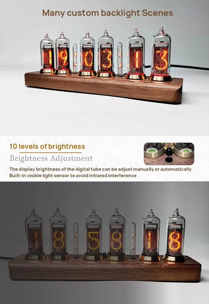 Nixie tube clock - Hartley: A retro-style clock with six glowing orange-red numeral tubes on a wooden base, featuring customizable backlights and brightness settings, ideal for vintage timepiece enthusiasts.