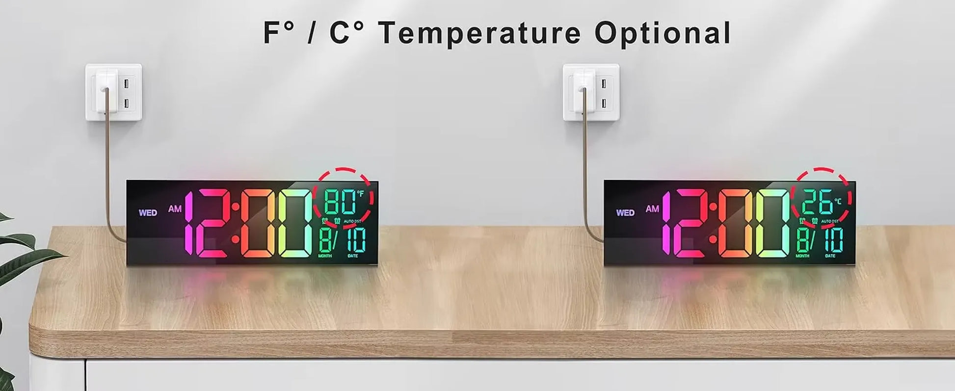 Large digital wall clock - Eldon, featuring rainbow-gradient LED digits, shows time, date, and switchable temperature (F°/C°) on a wood tabletop, powered by USB. Ideal for clear, large space displays.