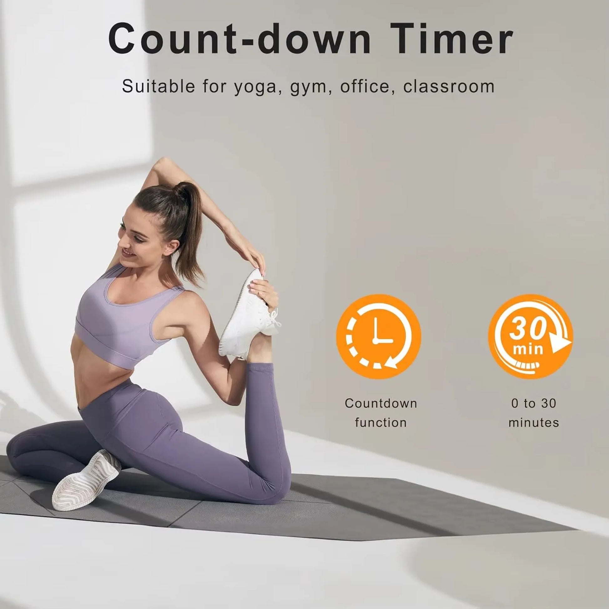 Young woman in yoga pose beside Large digital wall clock - Eldon promotional graphic, highlighting countdown function and 0-30 minute timer, suitable for yoga, gym, office, and classroom settings.