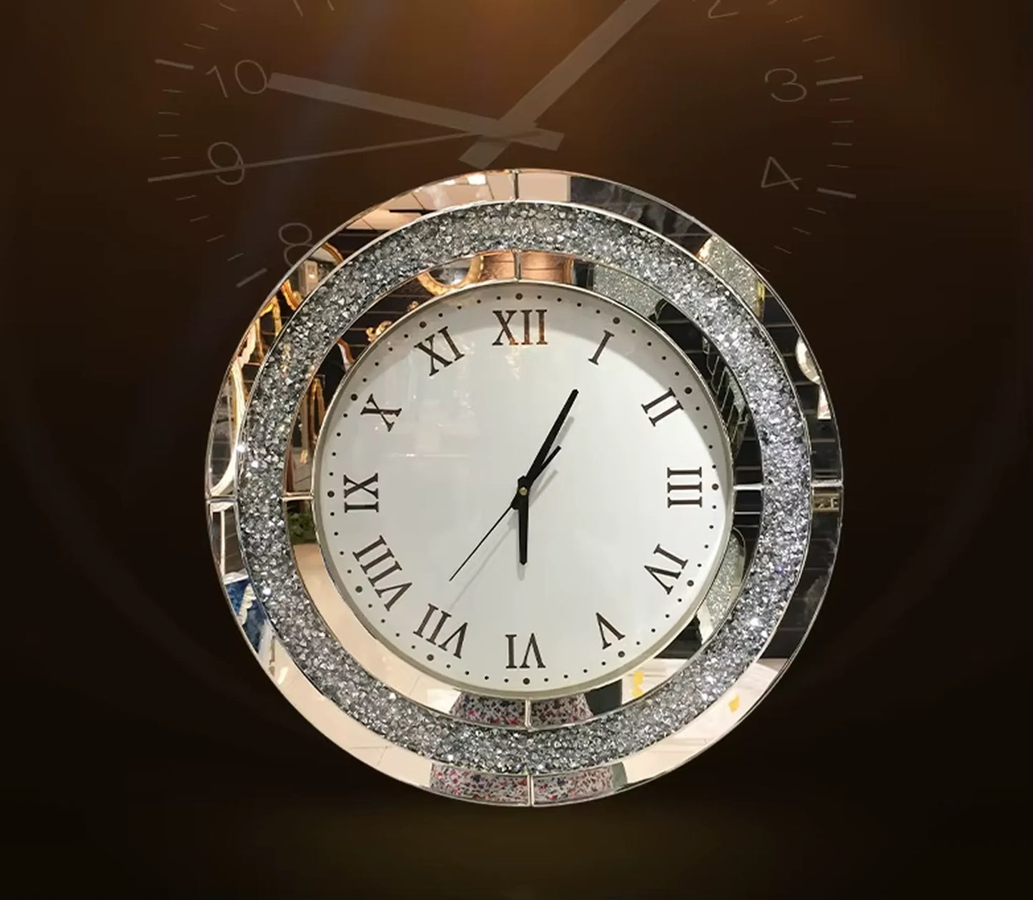 Fancy wall clock - Norwyn features a white dial with black Roman numerals, slim black hands, and a mirrored frame inlaid with sparkling crystals, designed as a room's elegant focal point.