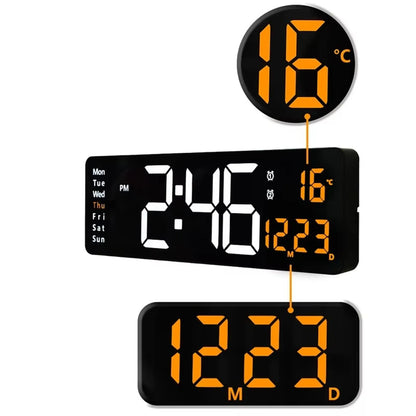 Large digital wall clock - Eldon featuring jumbo LED display with time, weekday, two alarm icons, temperature, and date readouts, ideal for spacious areas.