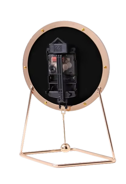 Pendulum Table Clock - Dralen, showcasing its quartz movement and battery compartment, mounted on a triangular wire stand, illustrating its modern open-concept design and classic timekeeping for dynamic elegance.