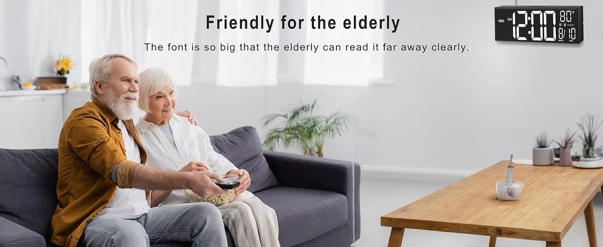 Elderly couple in a modern living room with the Large digital wall clock - Eldon, showcasing large LED numbers and temperature display, emphasizing readability and ease for seniors.