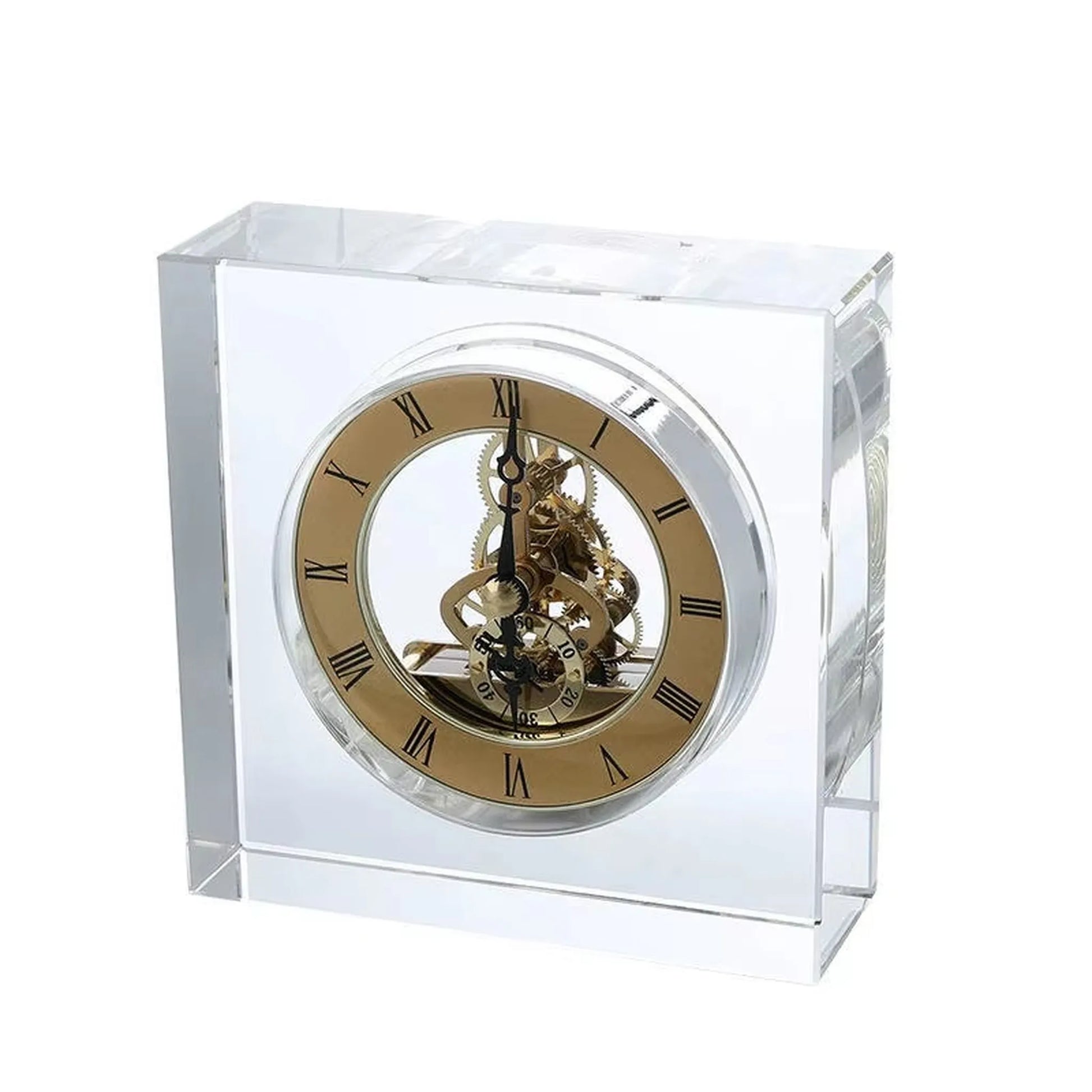 Crystal tabletop clock - Dunley, featuring a transparent, beveled glass design with exposed brass-colored gears and Roman numerals, showcasing modern elegance perfect for desks or mantels.
