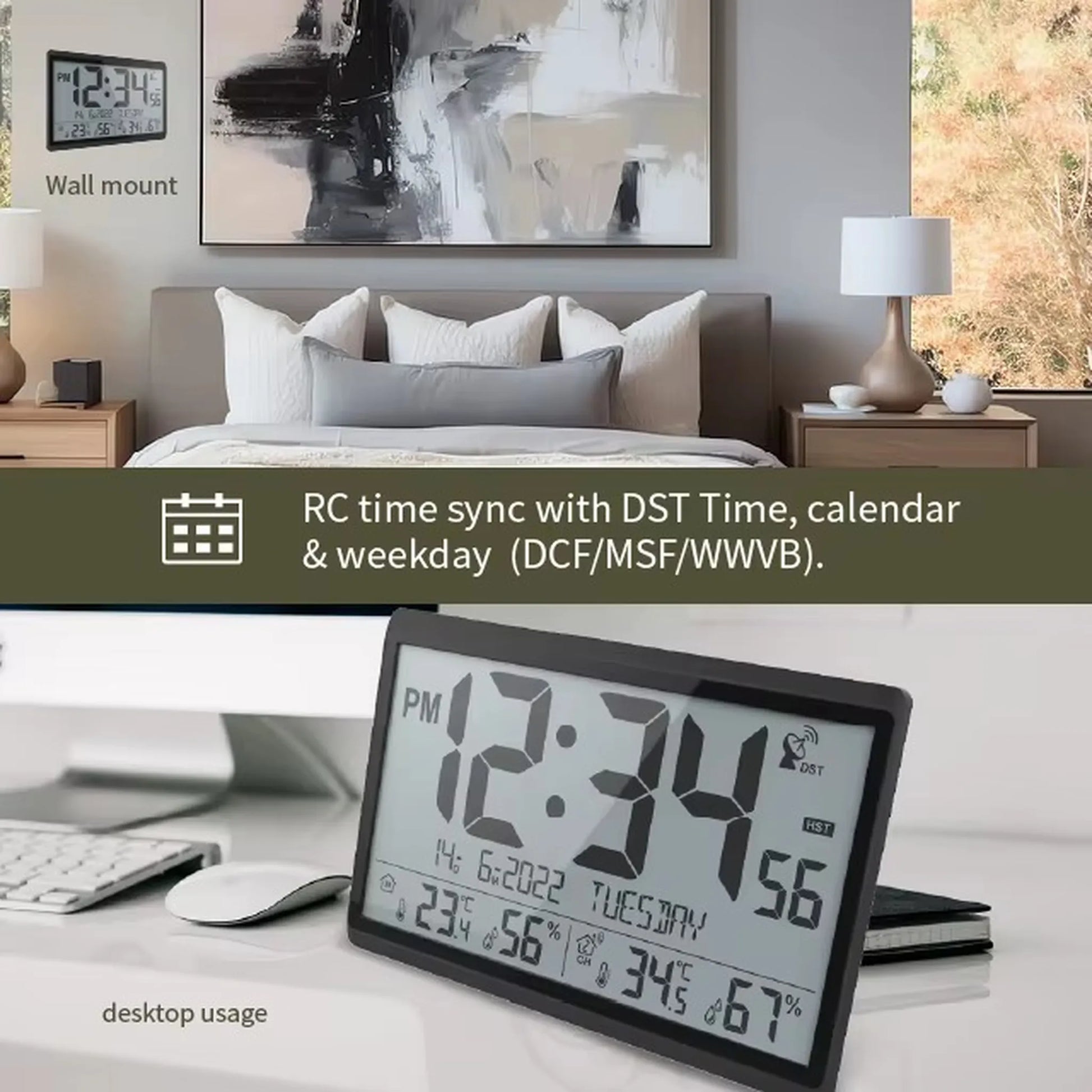 Atomic wall clock - Harven displayed on a desk and wall, features LCD showing time, date, temperatures, and humidity. Ensures precise time with radio synchronization and DST adjustments. Perfect for desktop or wall mounting.